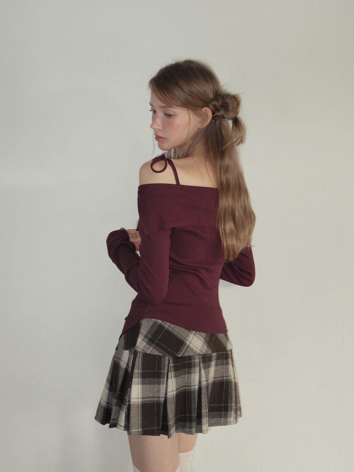 TWEE Rieon asymmetric shirring off-shoulder long sleeve T-shirt - Model styling view
