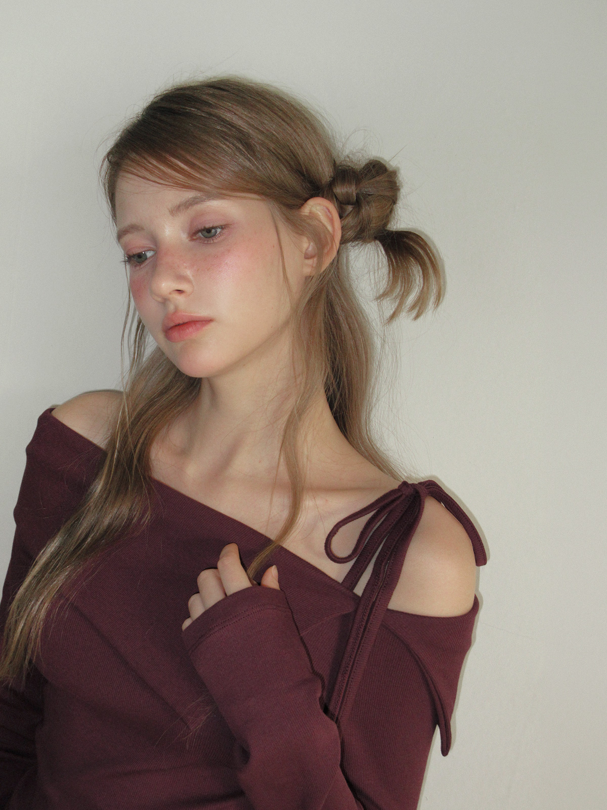 TWEE Rieon asymmetric shirring off-shoulder long sleeve T-shirt - Model styling view