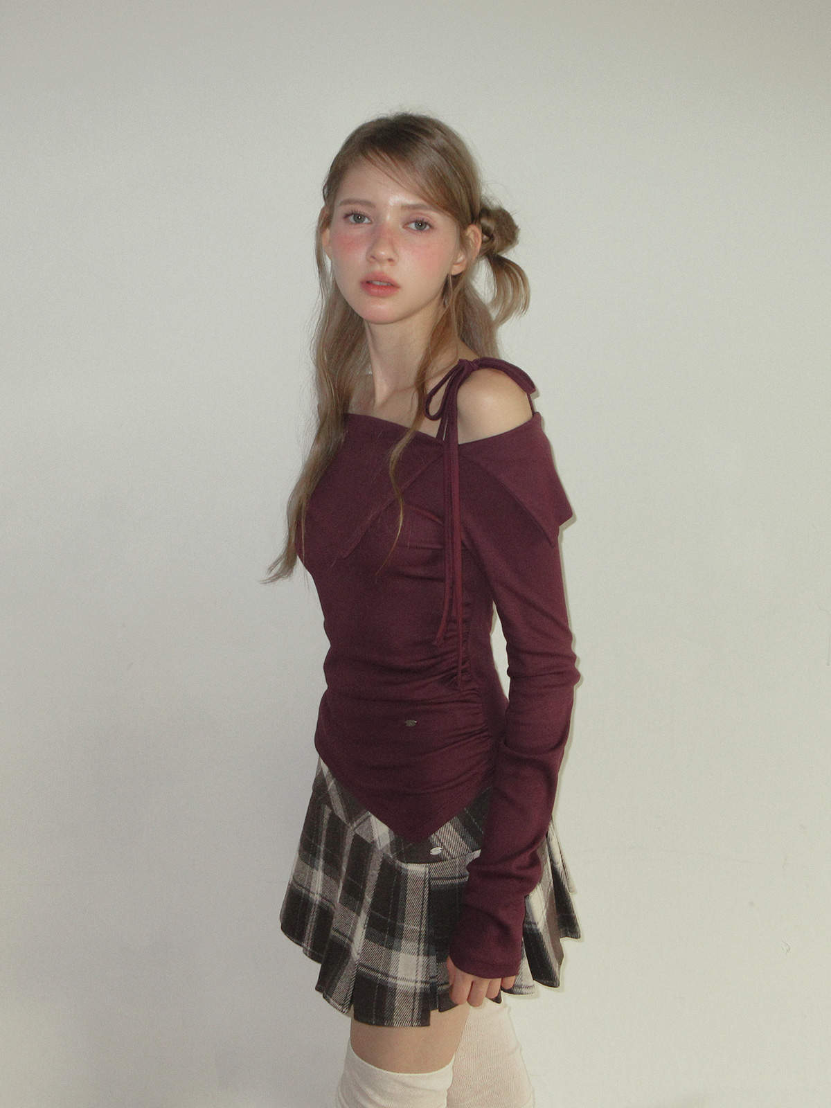 TWEE Rieon asymmetric shirring off-shoulder long sleeve T-shirt - Model styling view