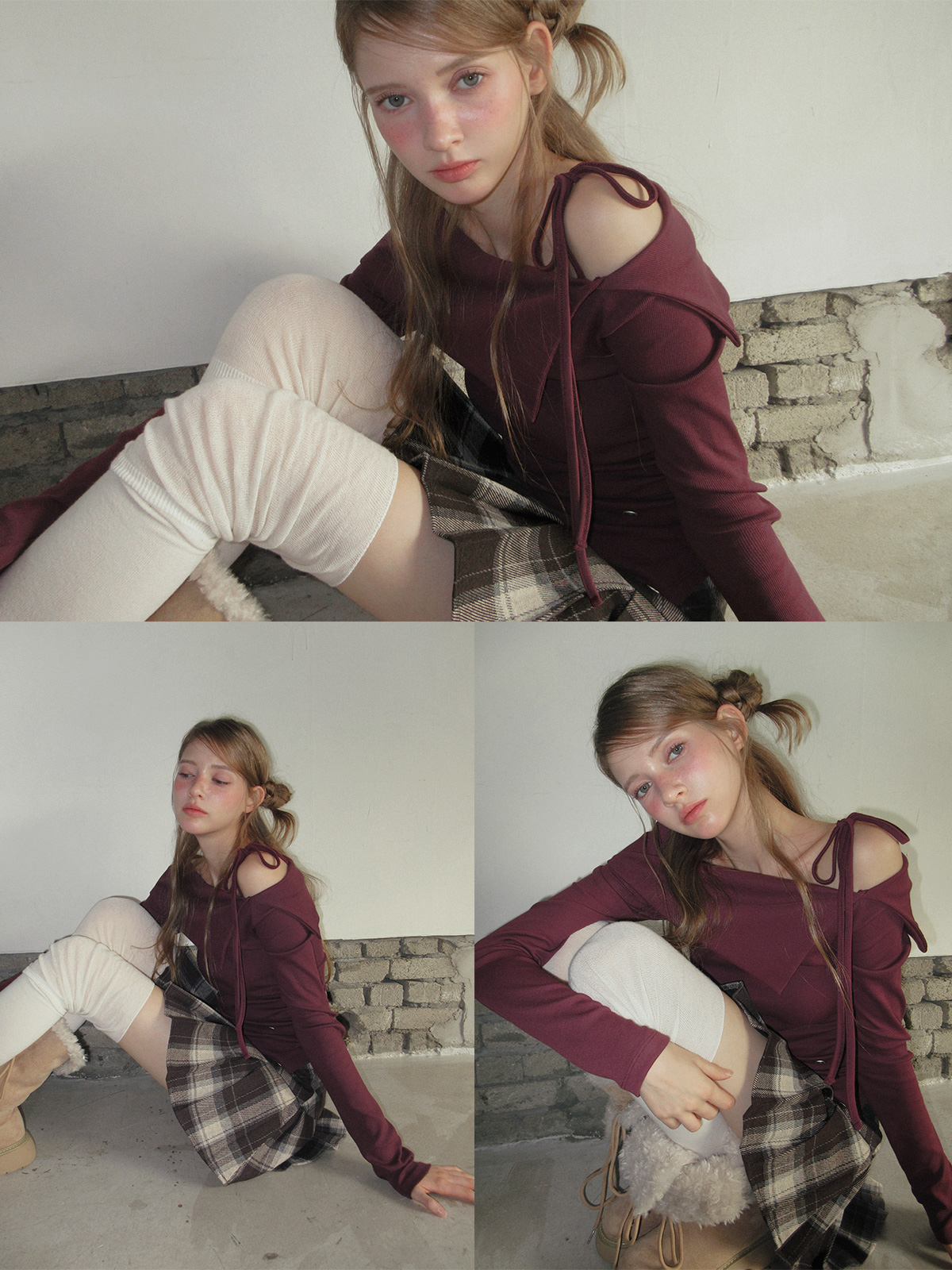 TWEE Rieon asymmetric shirring off-shoulder long sleeve T-shirt - Model styling view
