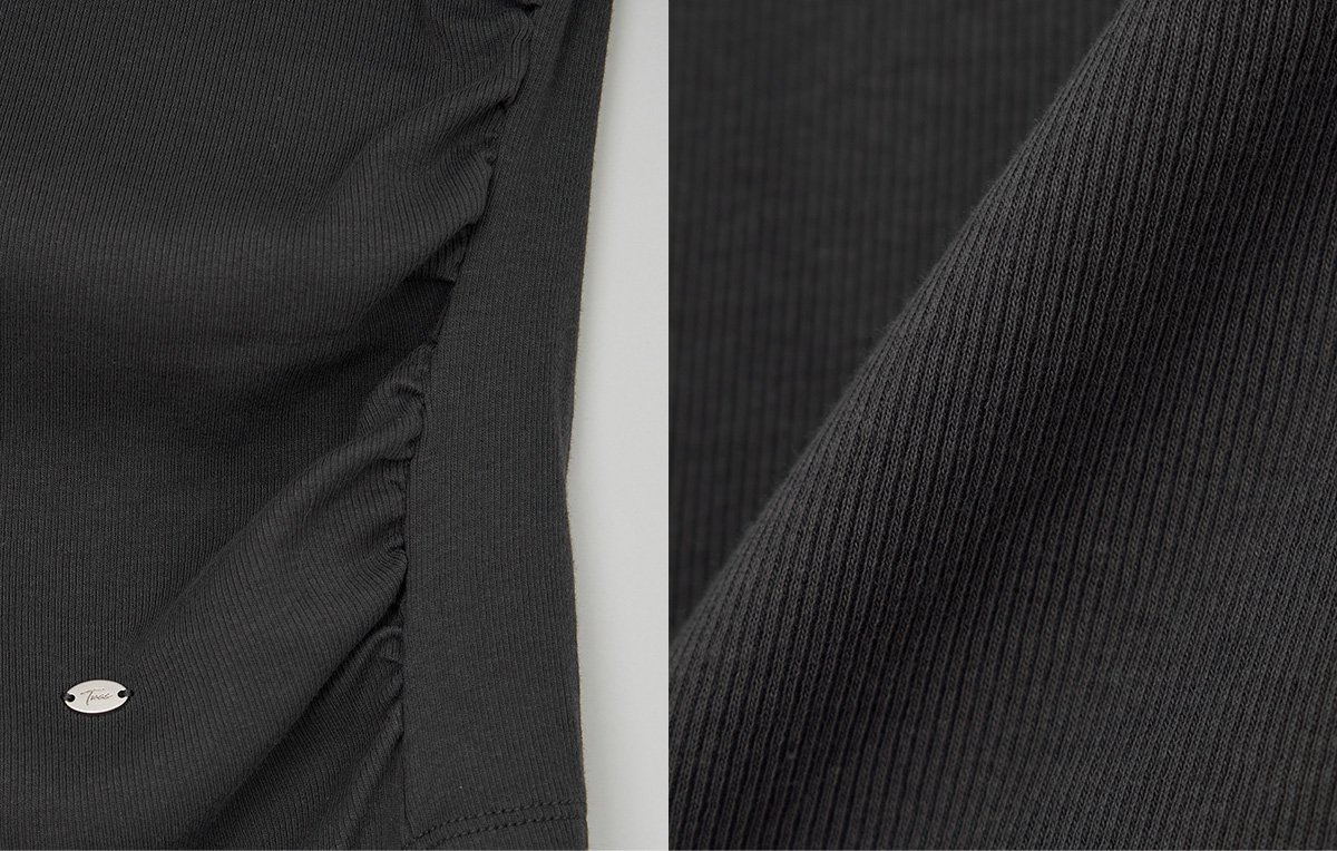TWEE Rieon asymmetric shirring off-shoulder long sleeve T-shirt - Fabric and construction close-up