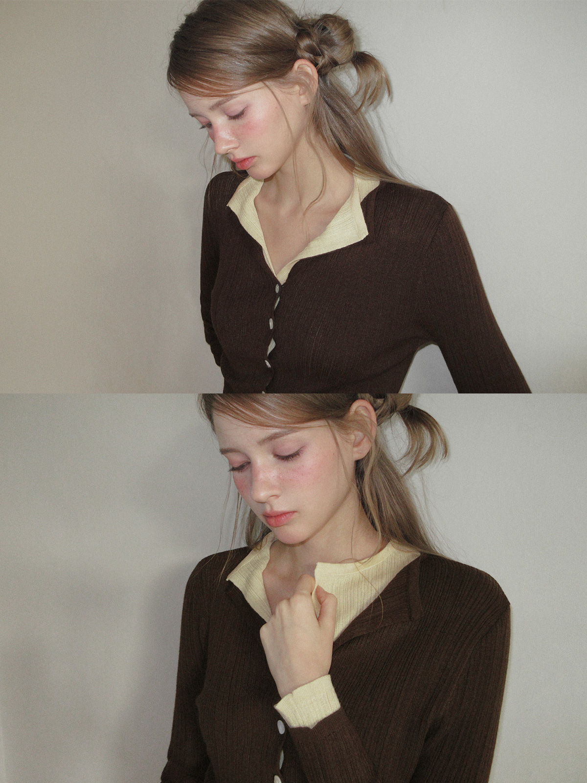 TWEE Rie basic ribbed knit long sleeve cardigan - Model styling view