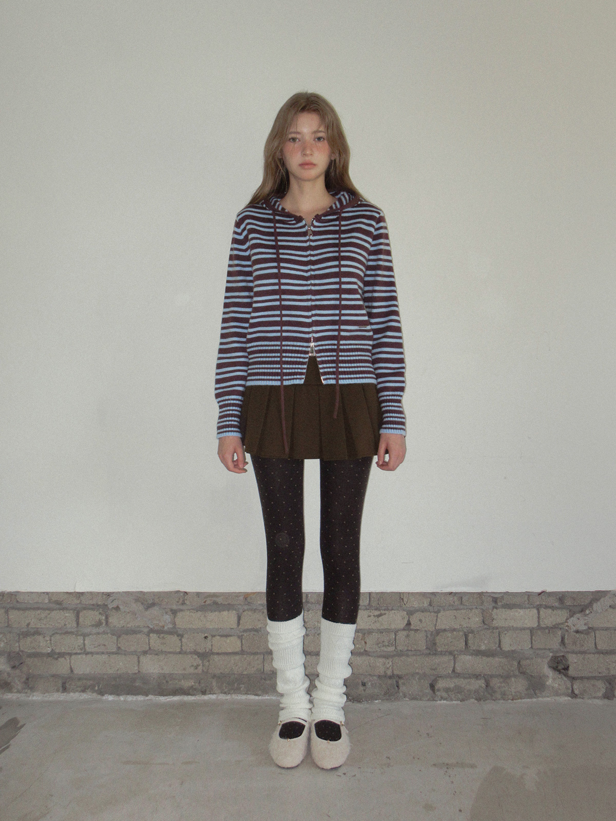 TWEE Error stripe knit hood zip-up - Model styling view