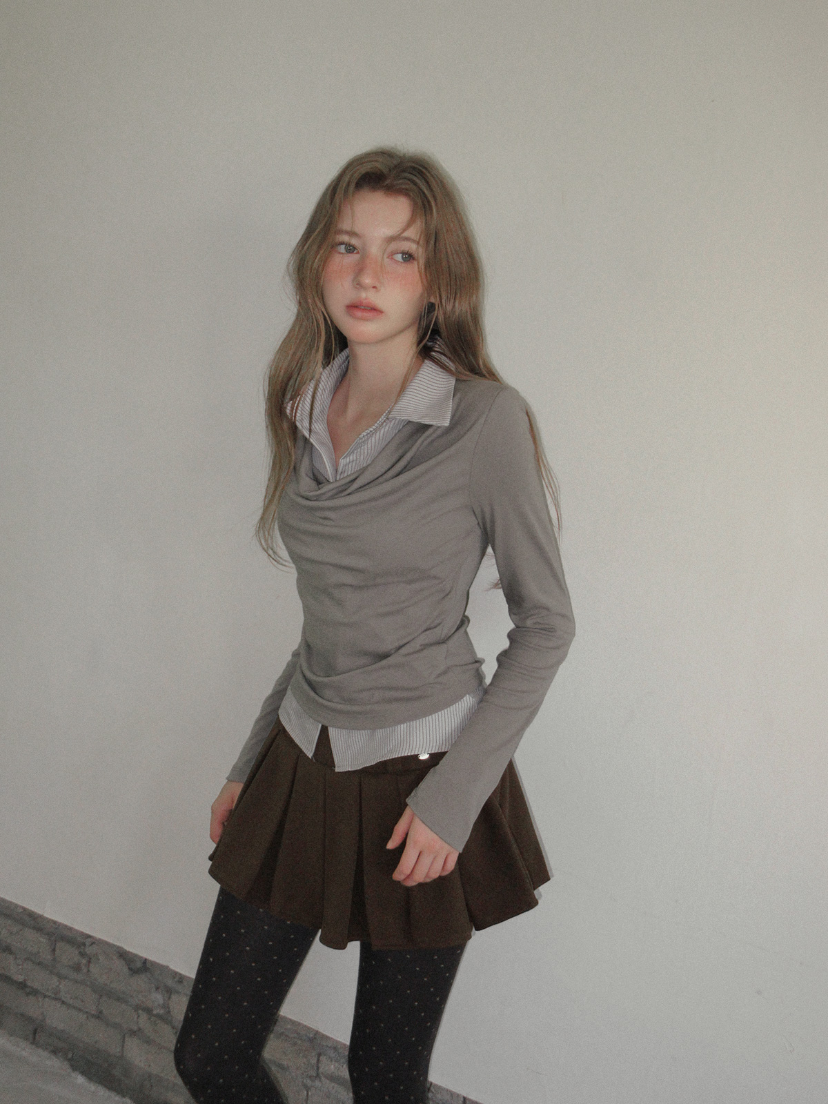 TWEE Ravi shirt contrast drape long sleeve T-shirt - Model styling view