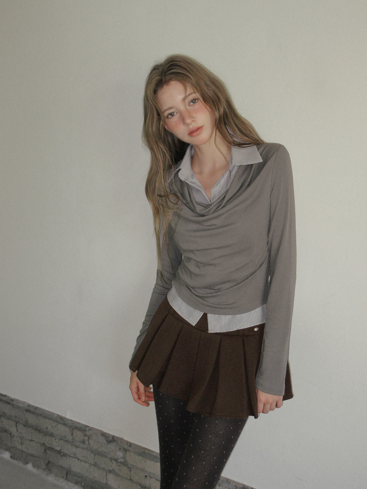 TWEE Ravi shirt contrast drape long sleeve T-shirt - Model styling view