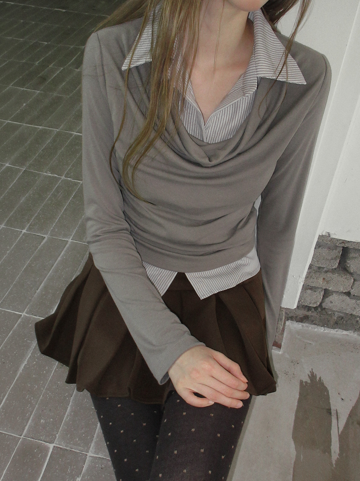 TWEE Ravi shirt contrast drape long sleeve T-shirt - Model styling view