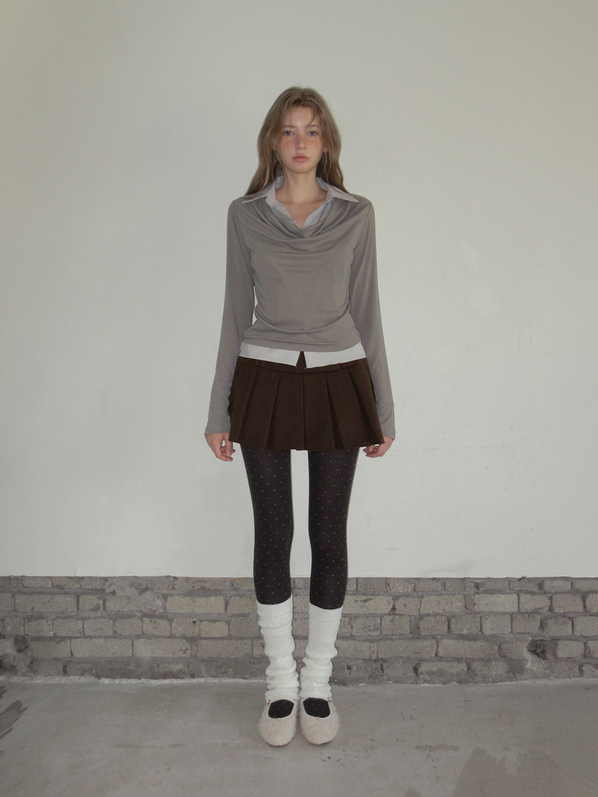 TWEE Ravi shirt contrast drape long sleeve T-shirt - Model styling view