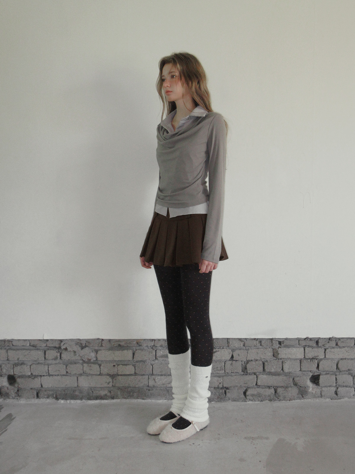 TWEE Ravi shirt contrast drape long sleeve T-shirt - Model styling view