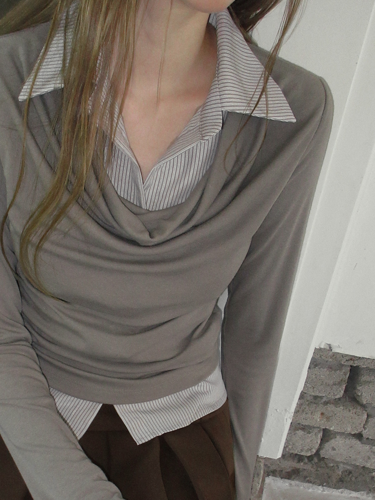 TWEE Ravi shirt contrast drape long sleeve T-shirt - Model styling view