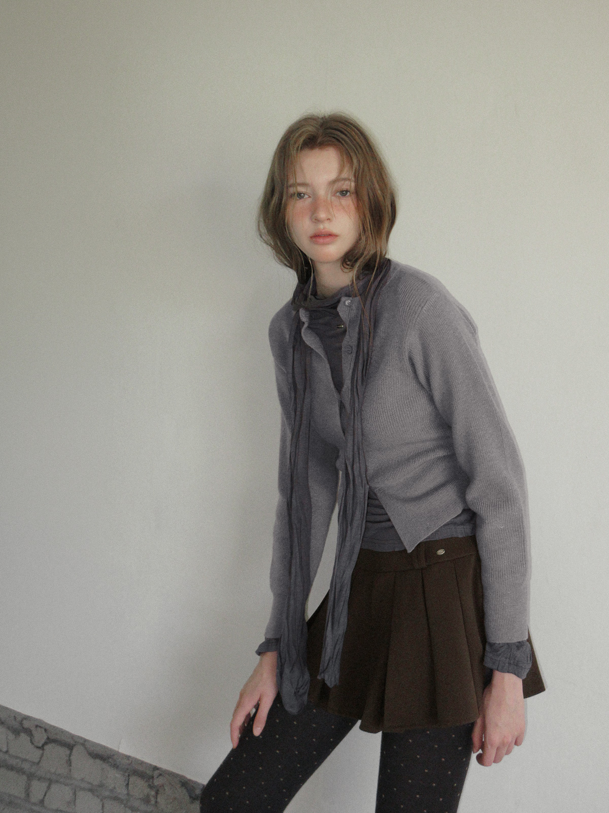 TWEE Coers round/V-neck long sleeve knit cardigan - Model styling view