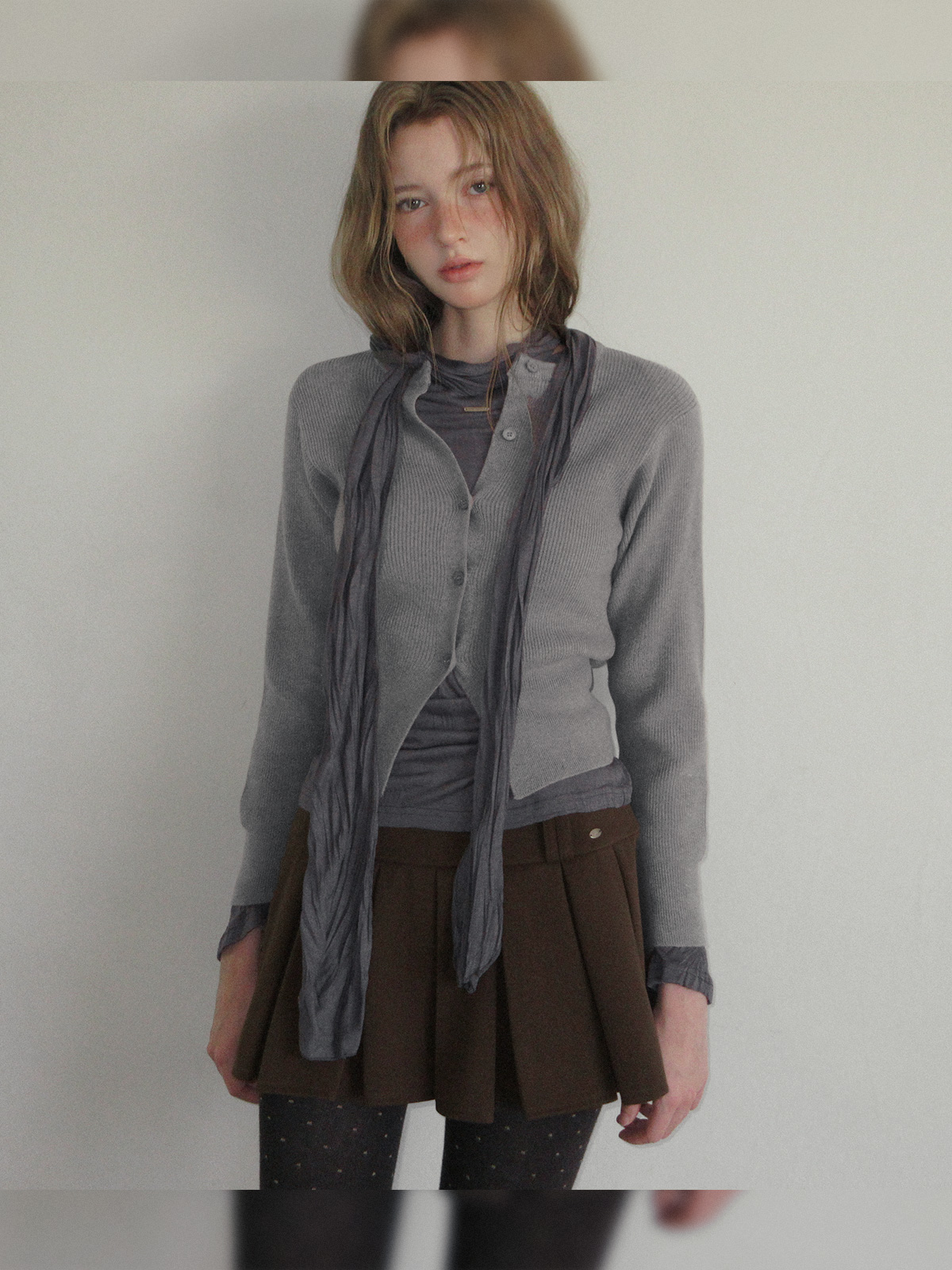 TWEE Coers round/V-neck long sleeve knit cardigan - Model styling view