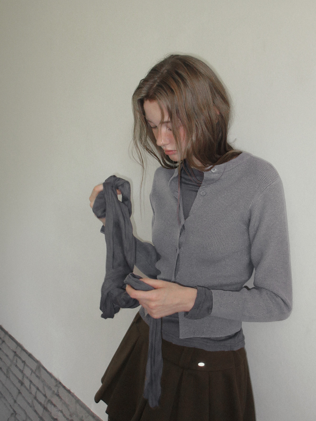 TWEE Coers round/V-neck long sleeve knit cardigan - Model styling view
