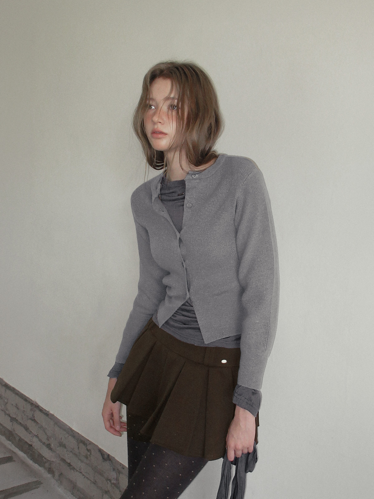 TWEE Coers round/V-neck long sleeve knit cardigan - Model styling view