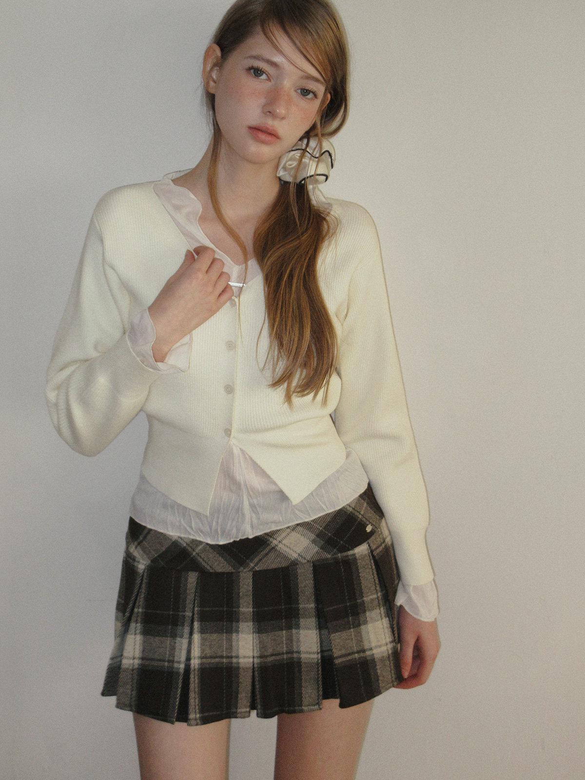 TWEE Coers round/V-neck long sleeve knit cardigan - Model styling view