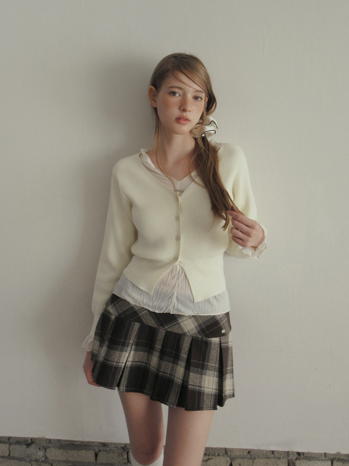 TWEE Coers round/V-neck long sleeve knit cardigan - Model styling view