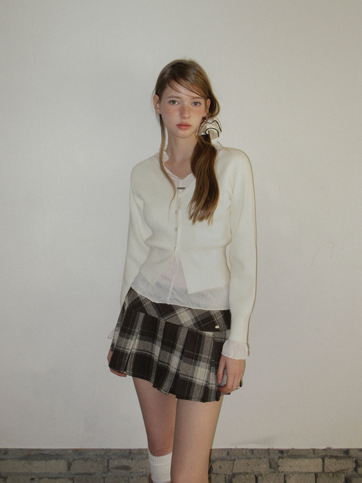 TWEE Coers round/V-neck long sleeve knit cardigan - Model styling view
