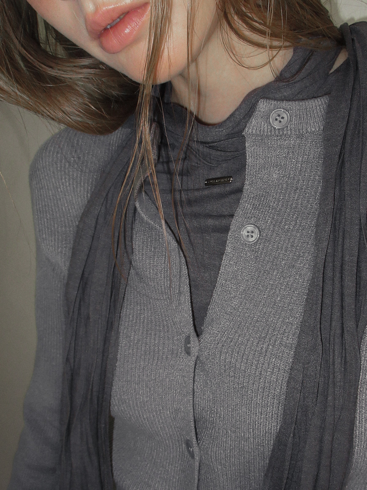 TWEE Coers round/V-neck long sleeve knit cardigan - Model styling view