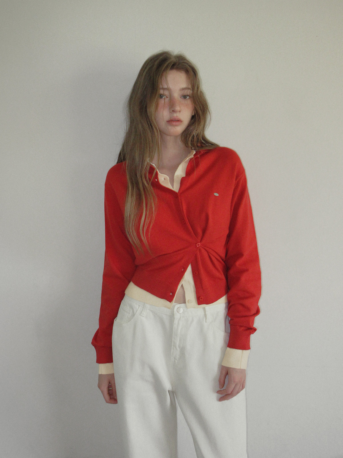 TWEE Clone asymmetric two-way knit long sleeve cardigan - Model styling view