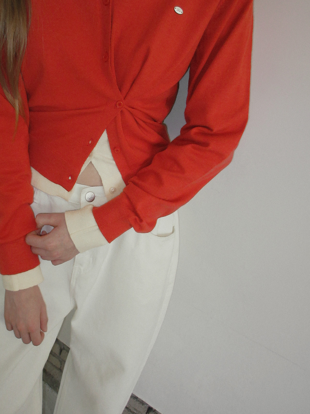 TWEE Clone asymmetric two-way knit long sleeve cardigan - Model styling view