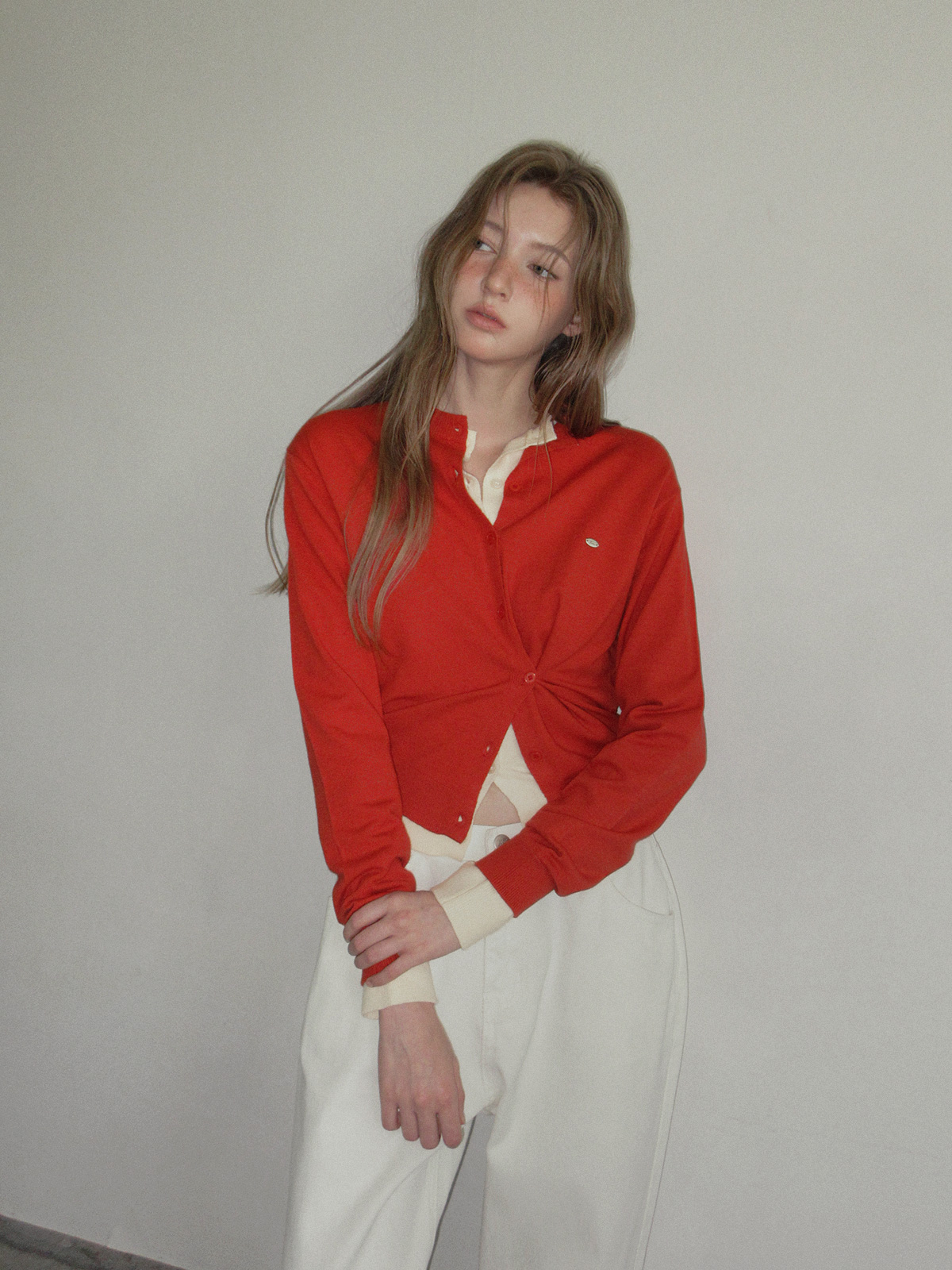 TWEE Clone asymmetric two-way knit long sleeve cardigan - Model styling view