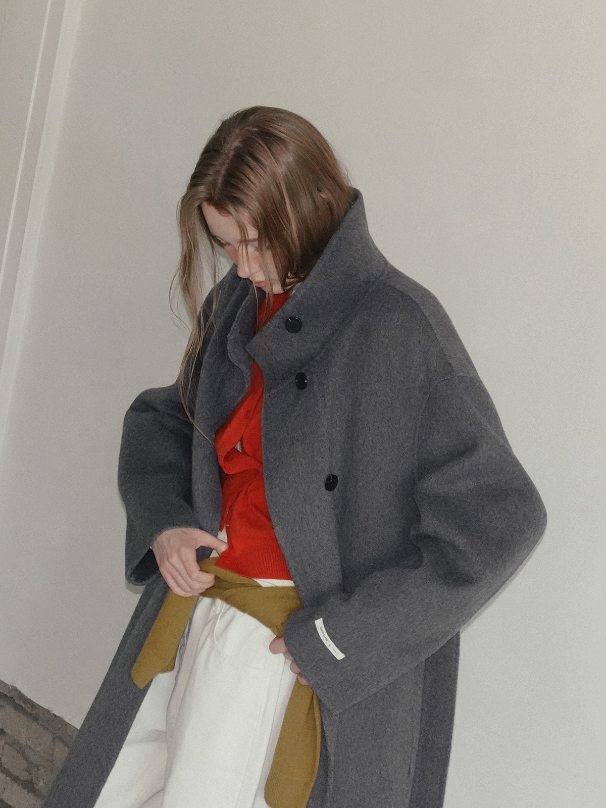 TWEE Clone asymmetric two-way knit long sleeve cardigan - Model styling view
