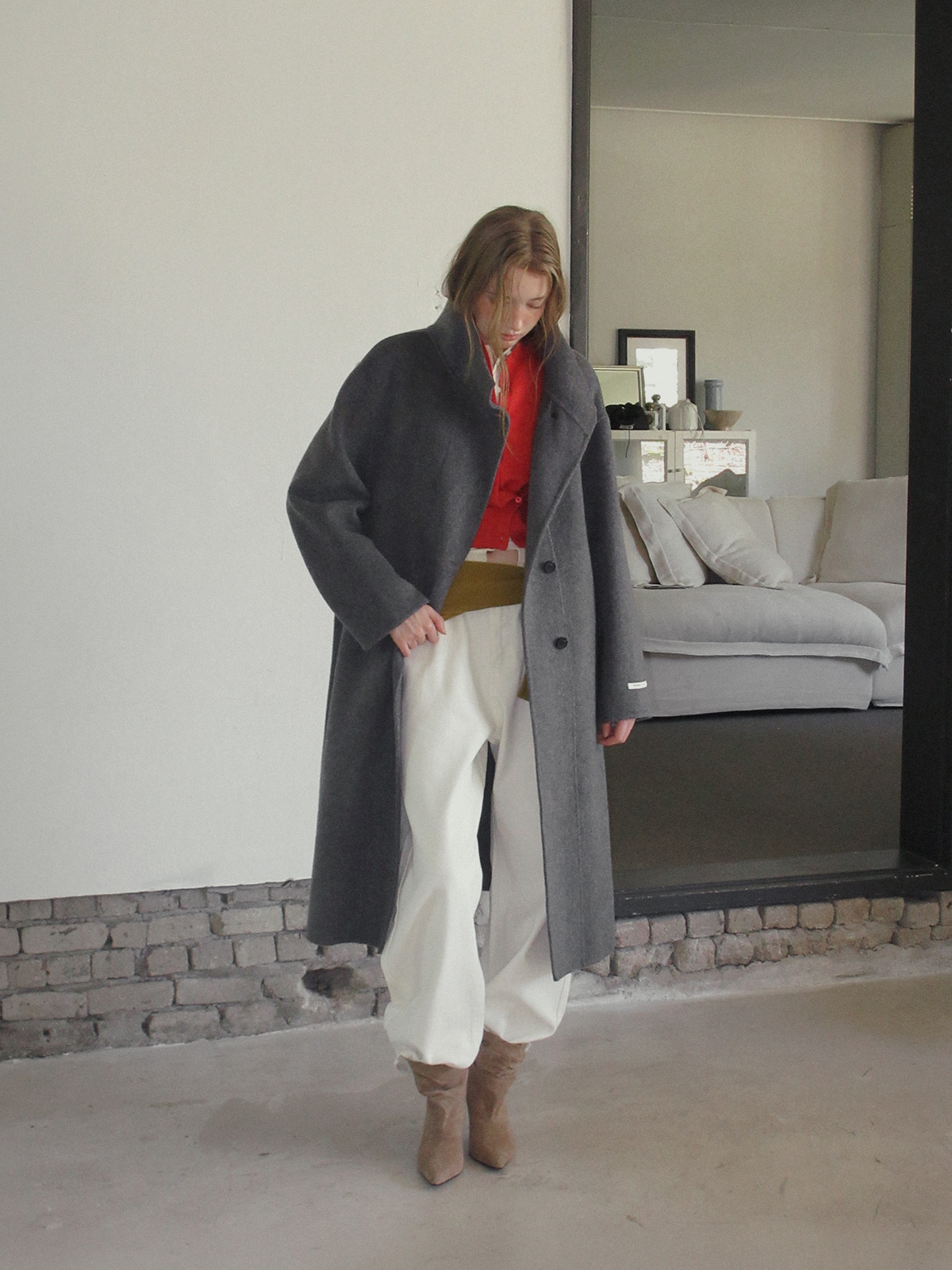 TWEE Clone asymmetric two-way knit long sleeve cardigan - Model styling view