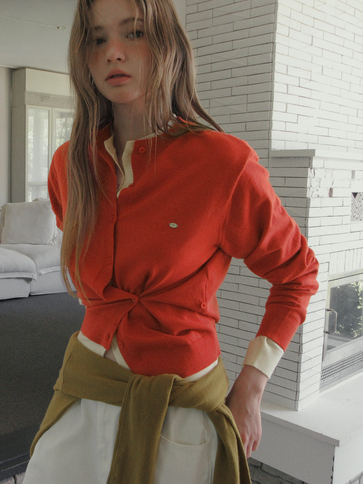 TWEE Clone asymmetric two-way knit long sleeve cardigan - Model styling view