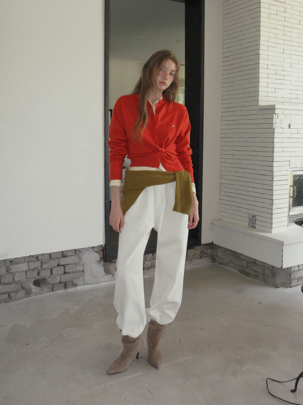TWEE Clone asymmetric two-way knit long sleeve cardigan - Model styling view