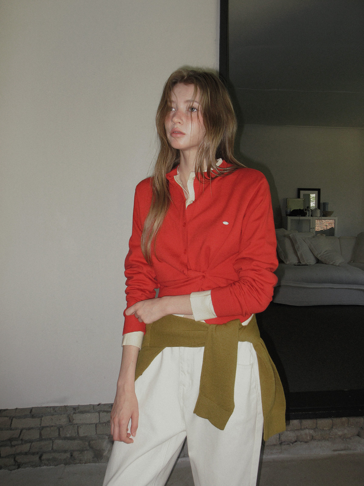 TWEE Clone asymmetric two-way knit long sleeve cardigan - Model styling view