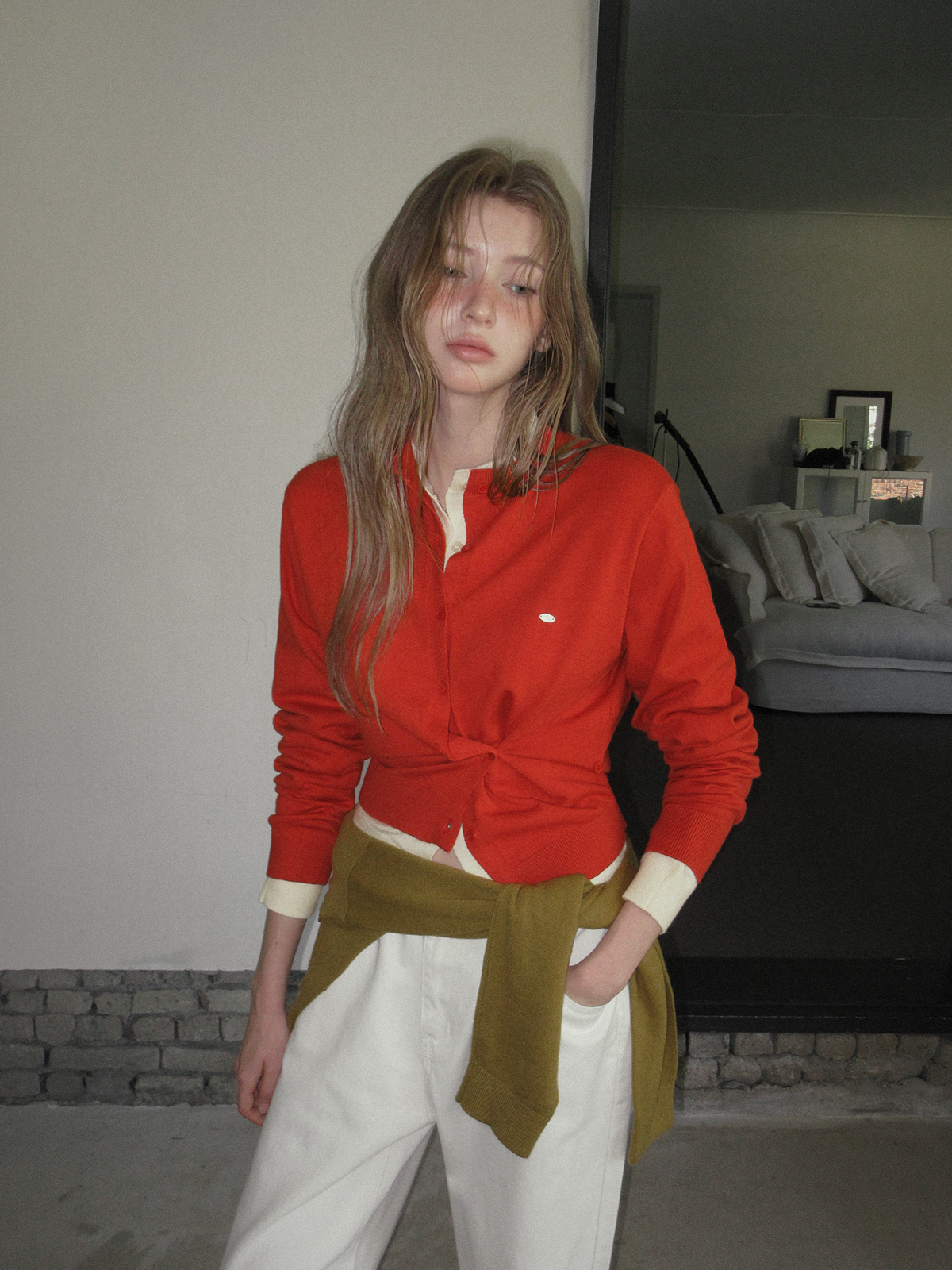 TWEE Clone asymmetric two-way knit long sleeve cardigan - Model styling view