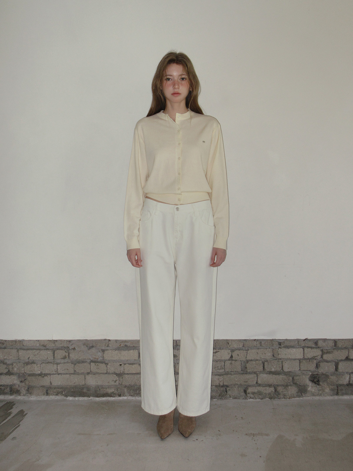 TWEE Clone asymmetric two-way knit long sleeve cardigan - Model styling view