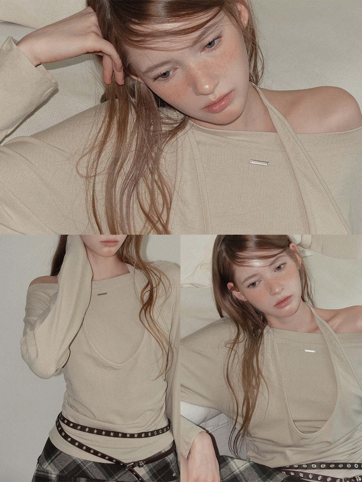 TWEE Robol halter sleeveless layered long sleeve T-shirt - Model styling view