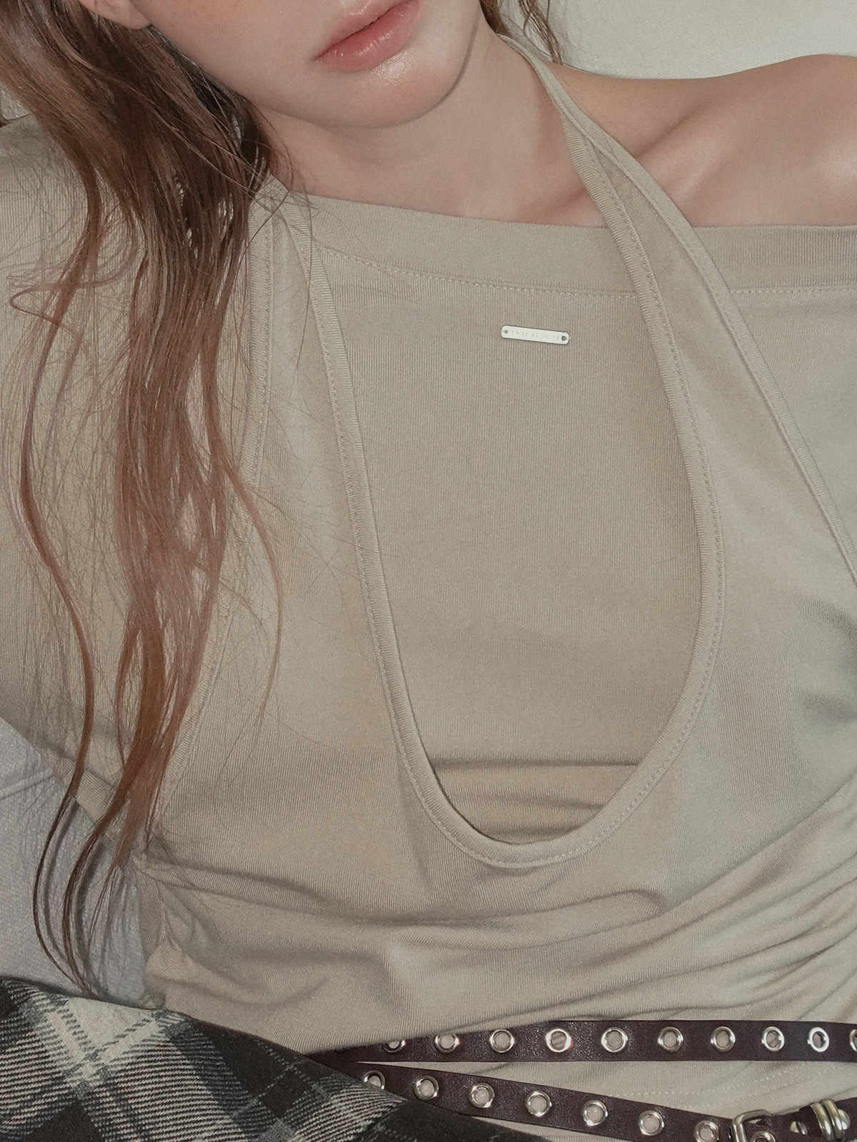 TWEE Robol halter sleeveless layered long sleeve T-shirt - Model styling view