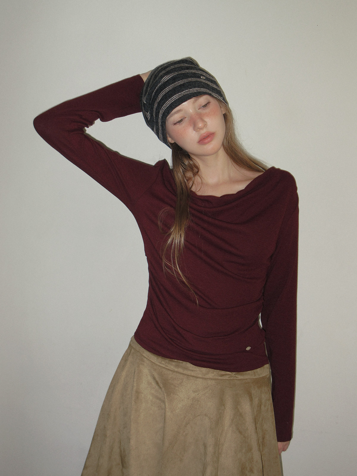 TWEE Bollin drape back slit long sleeve T-shirt - Model styling view