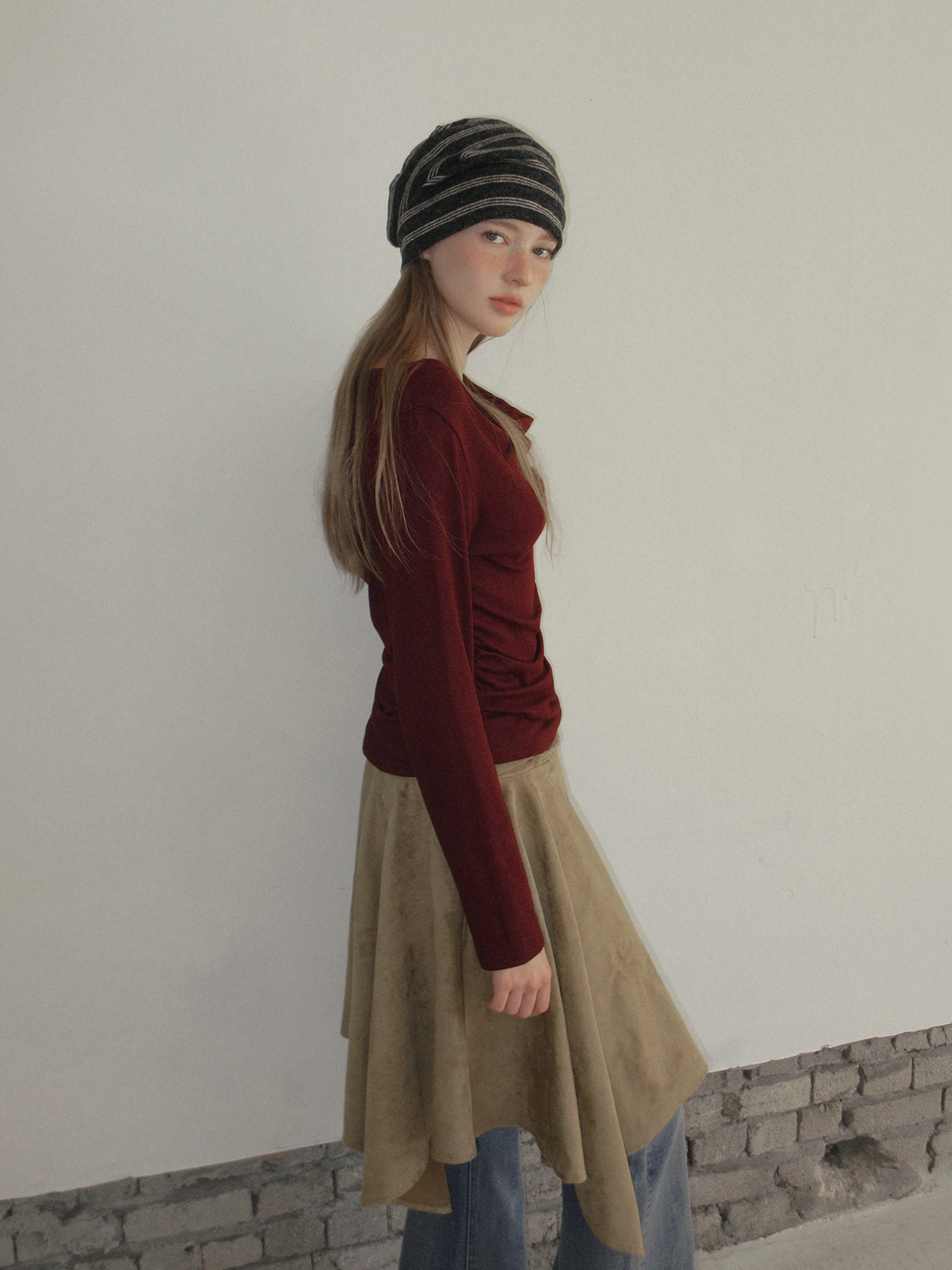 TWEE Bollin drape back slit long sleeve T-shirt - Model styling view