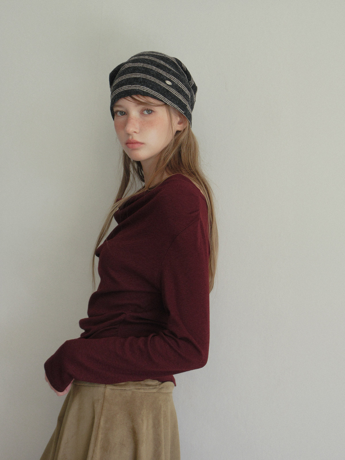 TWEE Bollin drape back slit long sleeve T-shirt - Model styling view