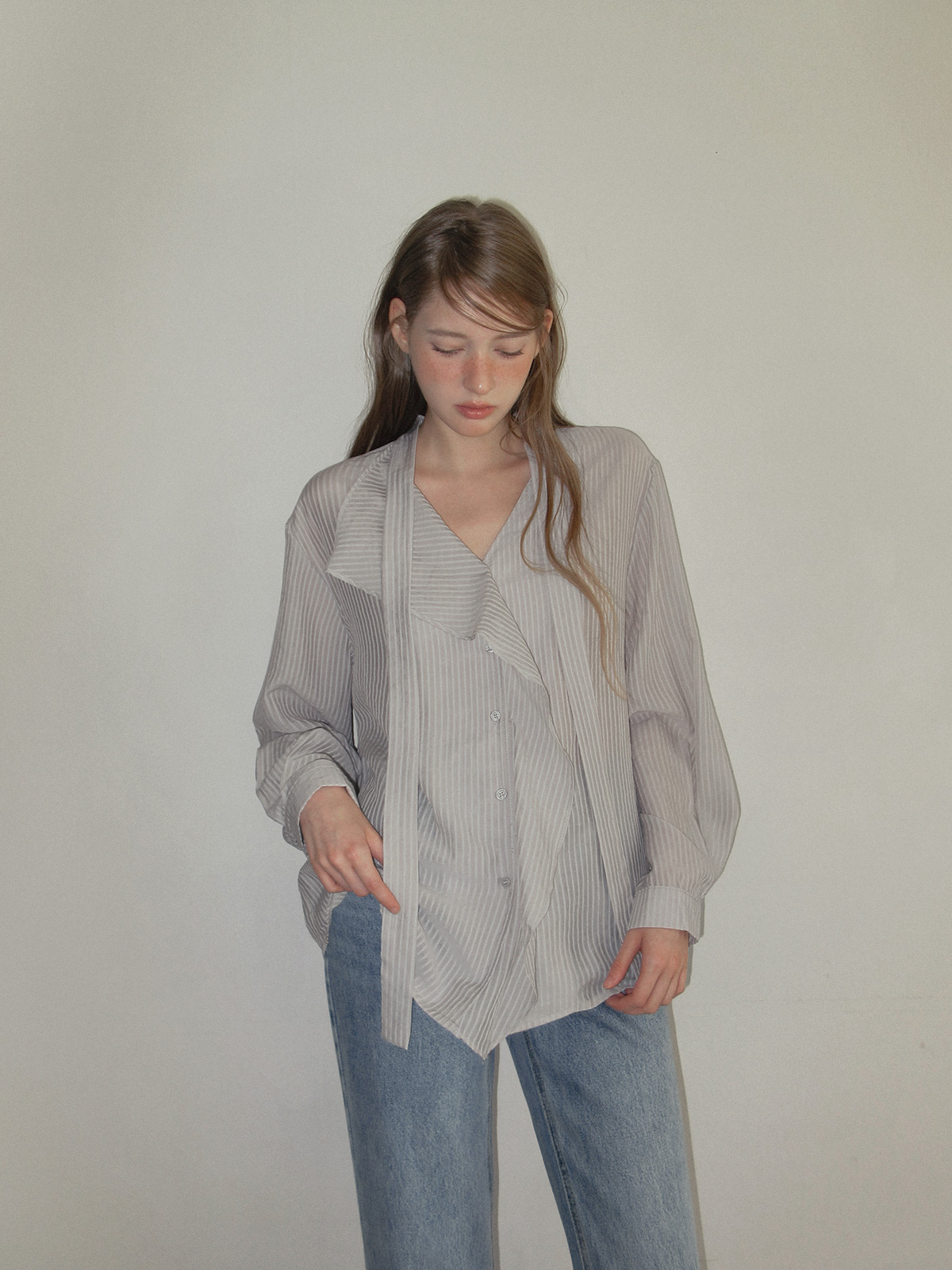 TWEE Kesi frill stripe strap long sleeve blouse - Model styling view