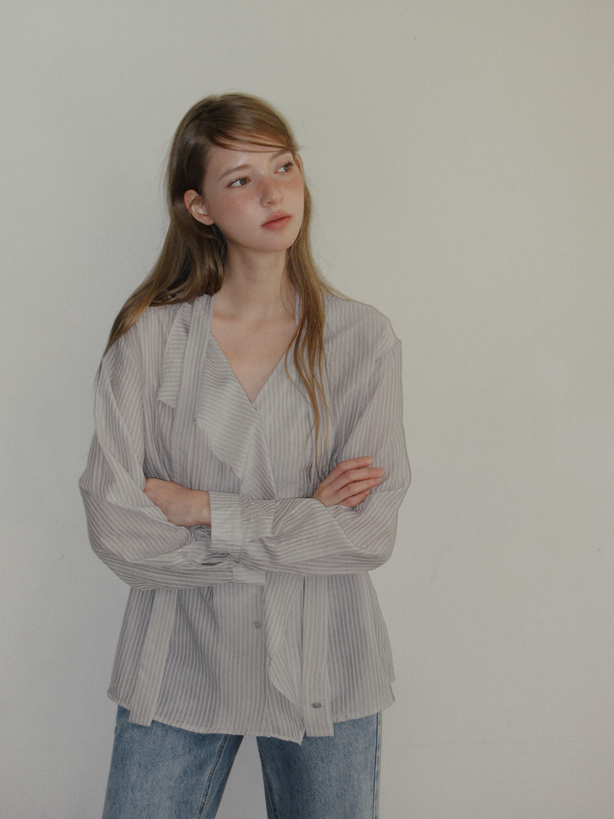 TWEE Kesi frill stripe strap long sleeve blouse - Model styling view