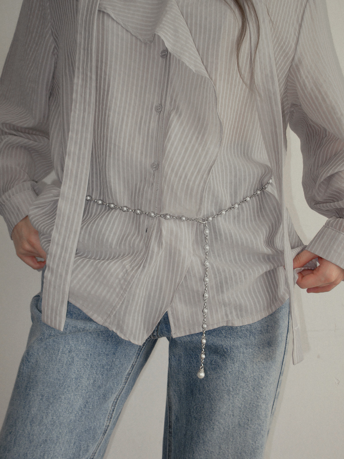 TWEE Kesi frill stripe strap long sleeve blouse - Model styling view