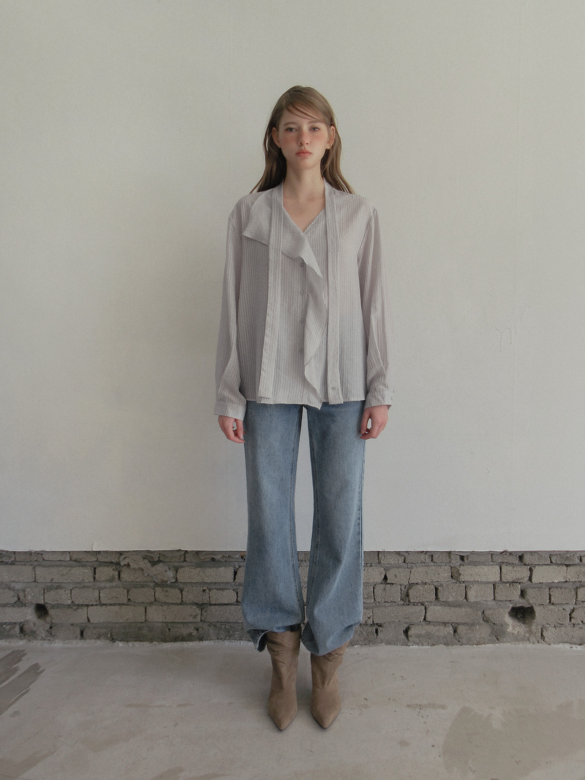 TWEE Kesi frill stripe strap long sleeve blouse - Model styling view