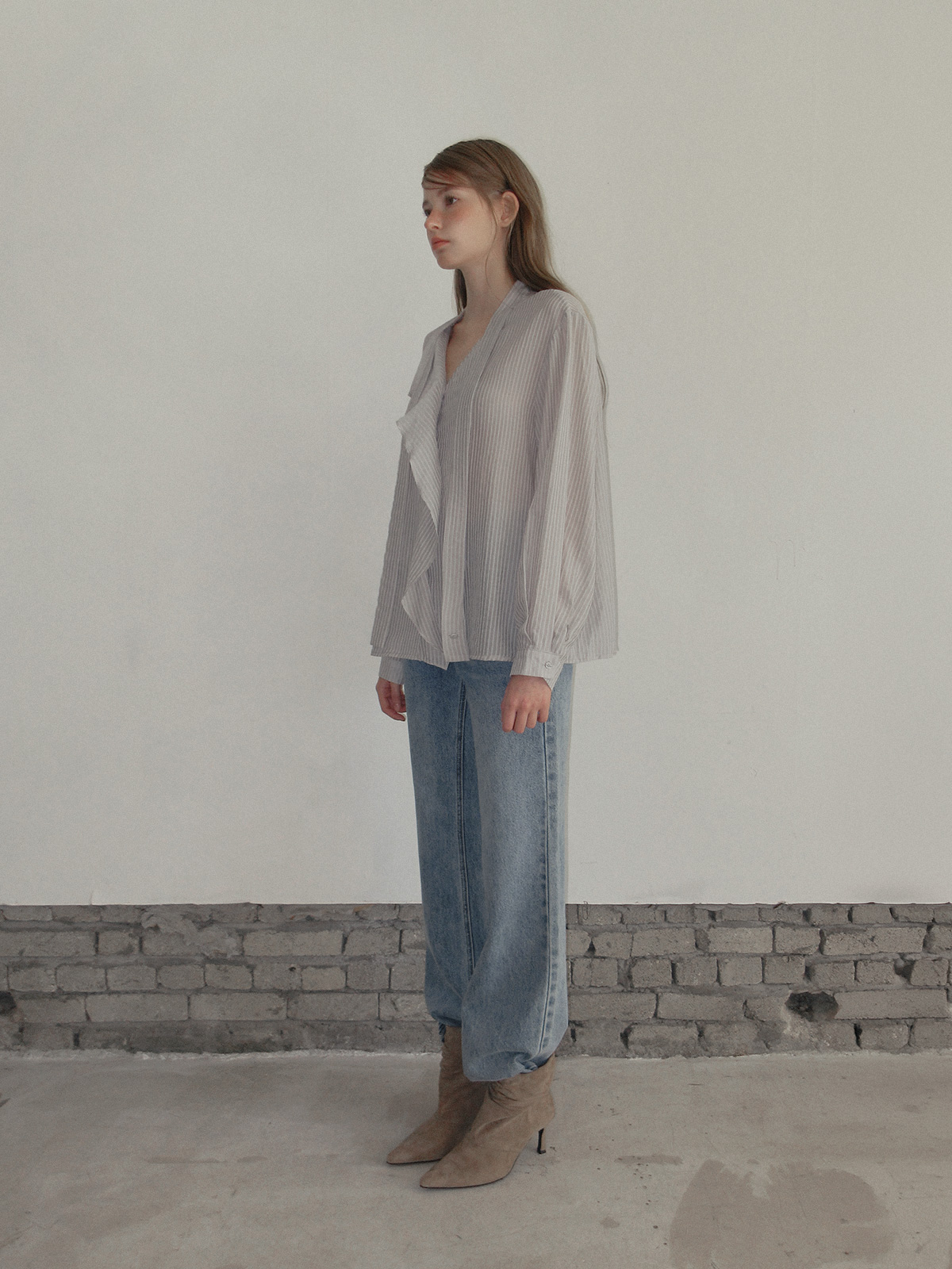 TWEE Kesi frill stripe strap long sleeve blouse - Model styling view