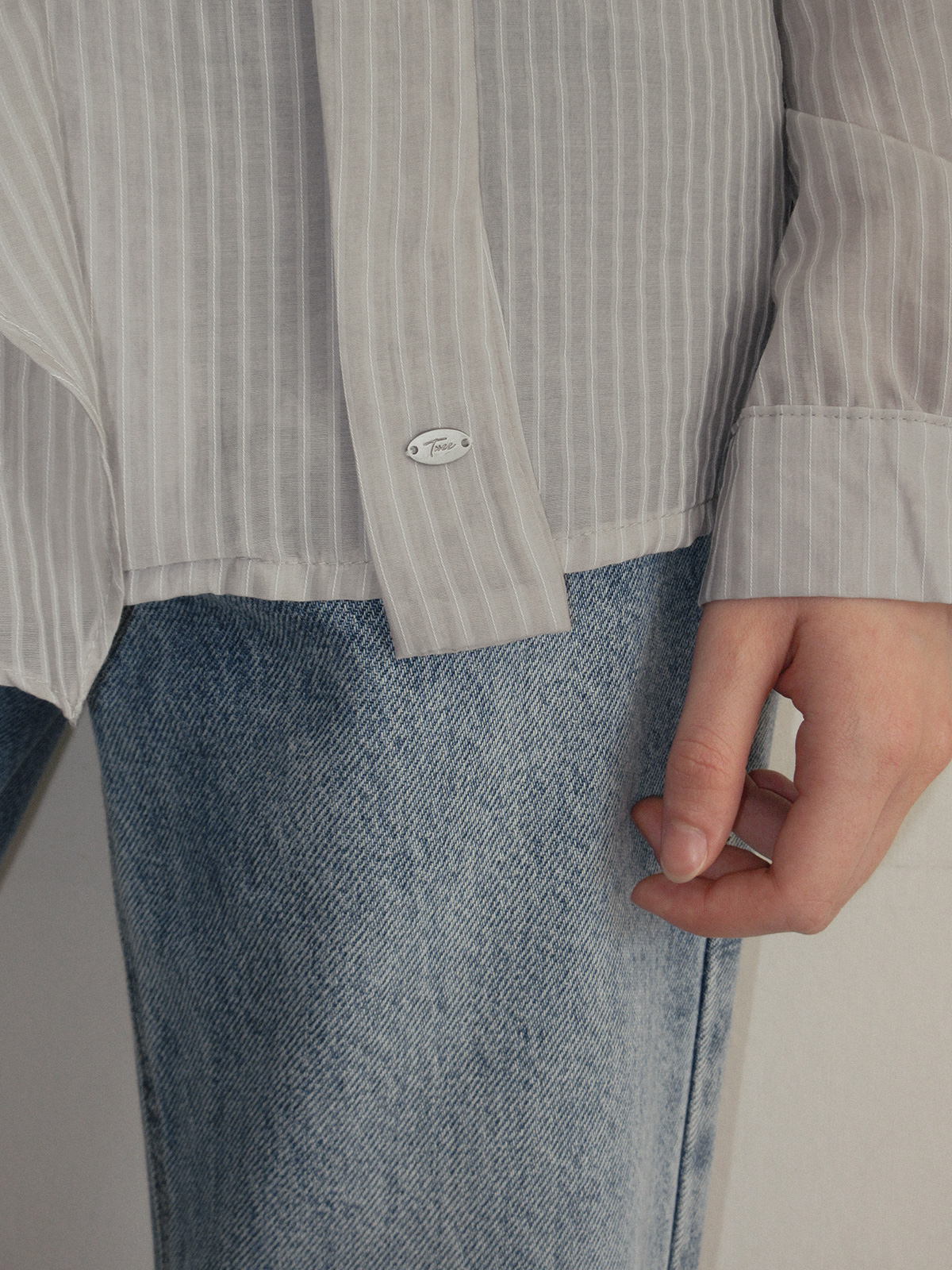 TWEE Kesi frill stripe strap long sleeve blouse - Model styling view