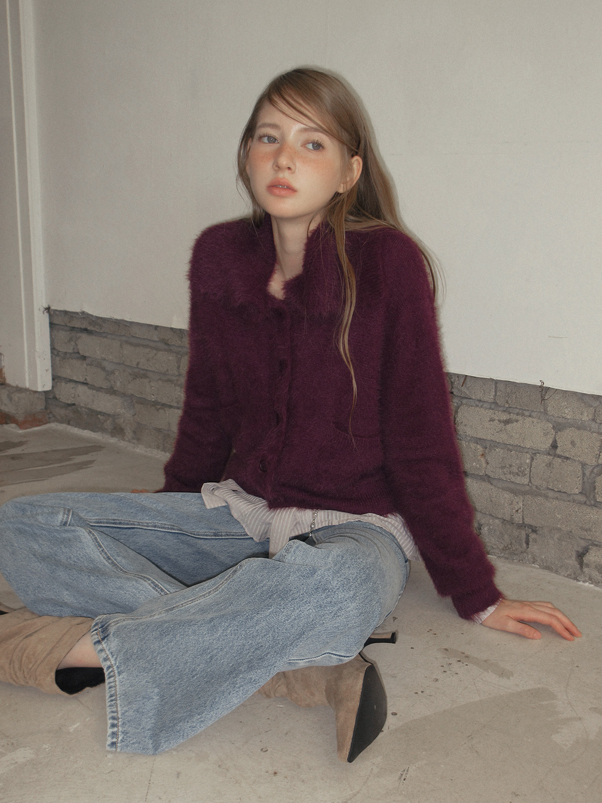 TWEE Sophie brushed collar knit long sleeve cardigan - Model styling view