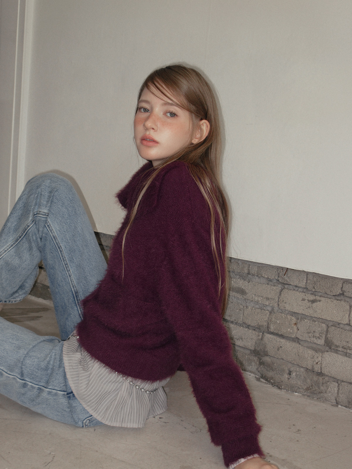 TWEE Sophie brushed collar knit long sleeve cardigan - Model styling view