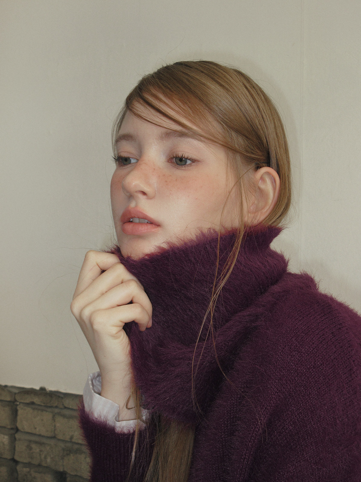 TWEE Sophie brushed collar knit long sleeve cardigan - Model styling view