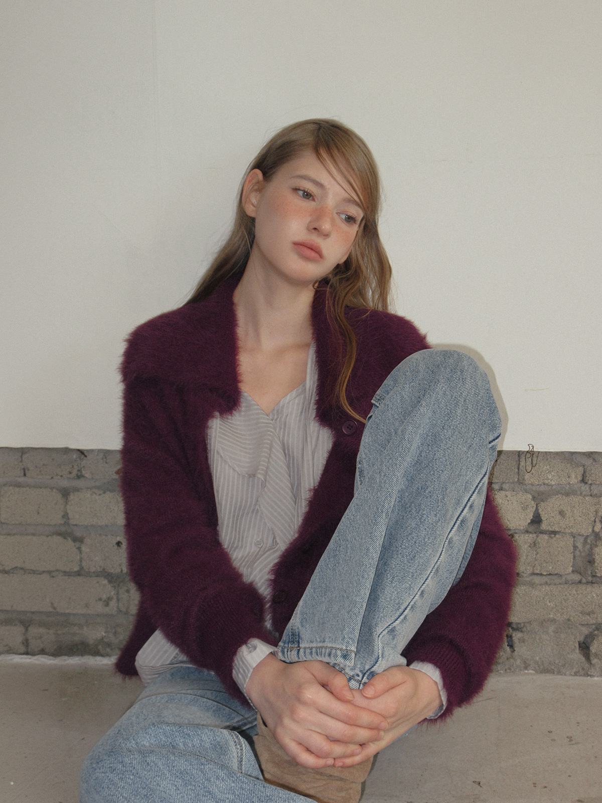 TWEE Sophie brushed collar knit long sleeve cardigan - Model styling view