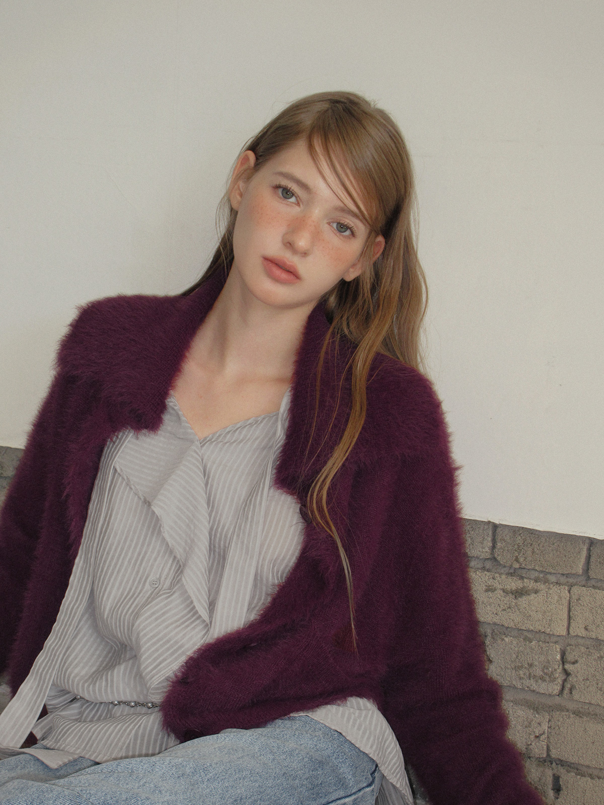 TWEE Sophie brushed collar knit long sleeve cardigan - Model styling view