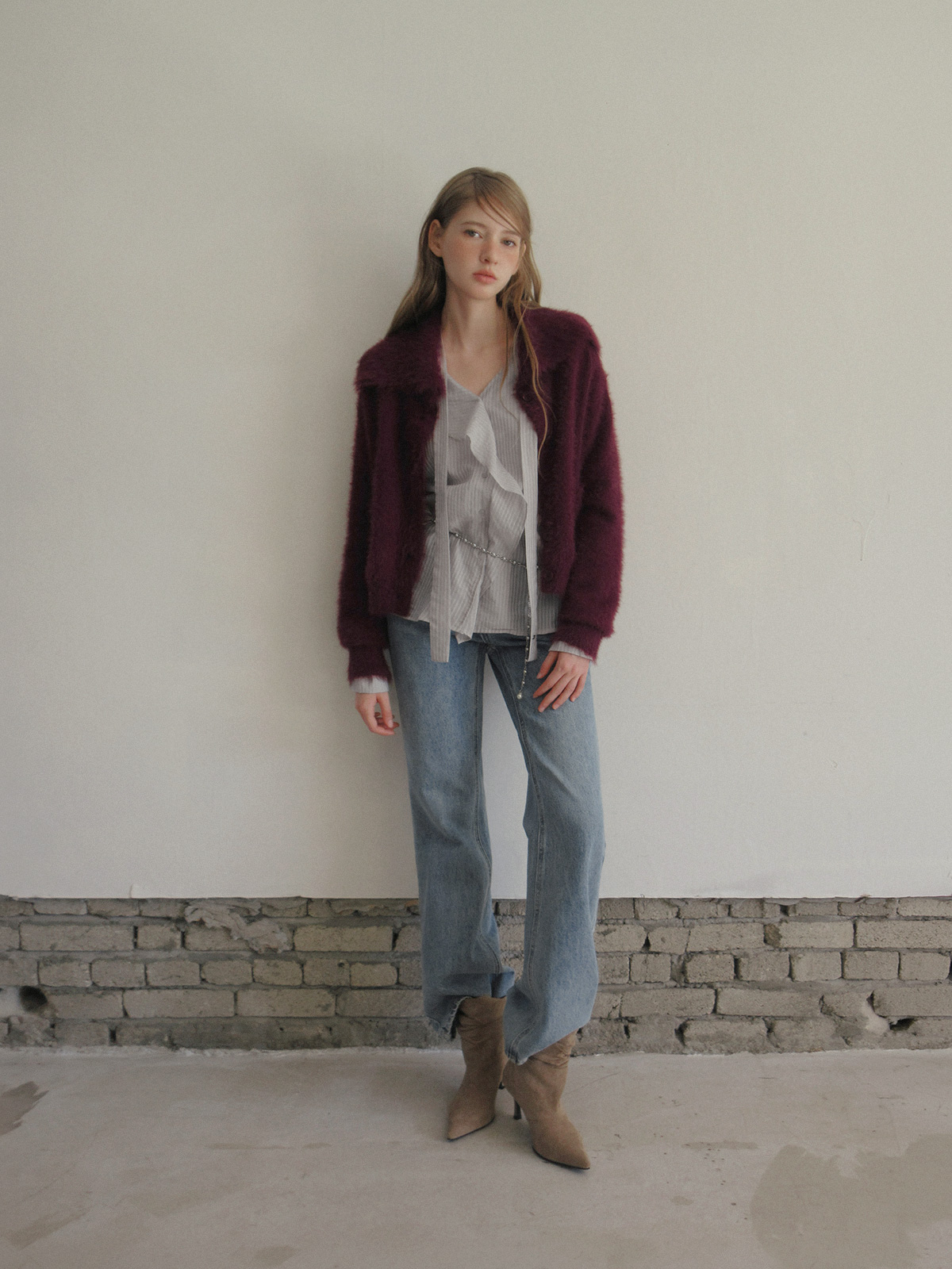 TWEE Sophie brushed collar knit long sleeve cardigan - Model styling view