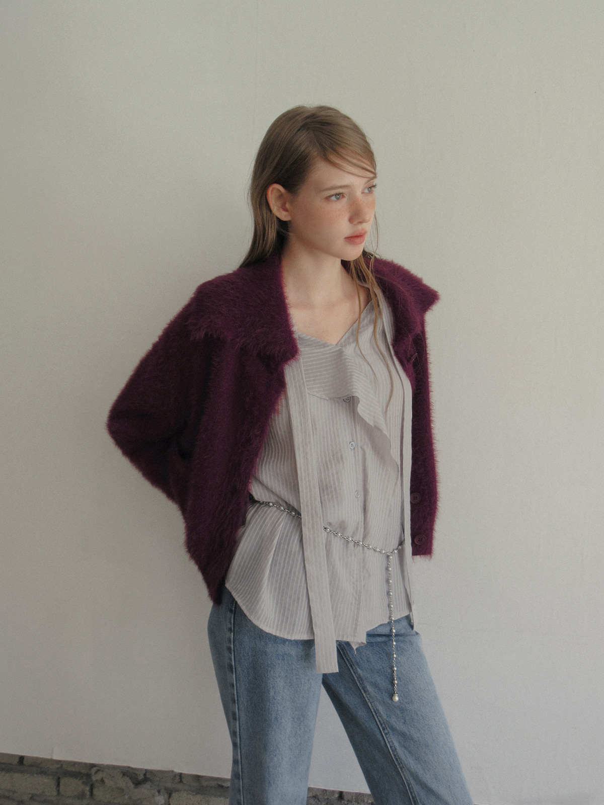 TWEE Sophie brushed collar knit long sleeve cardigan - Model styling view