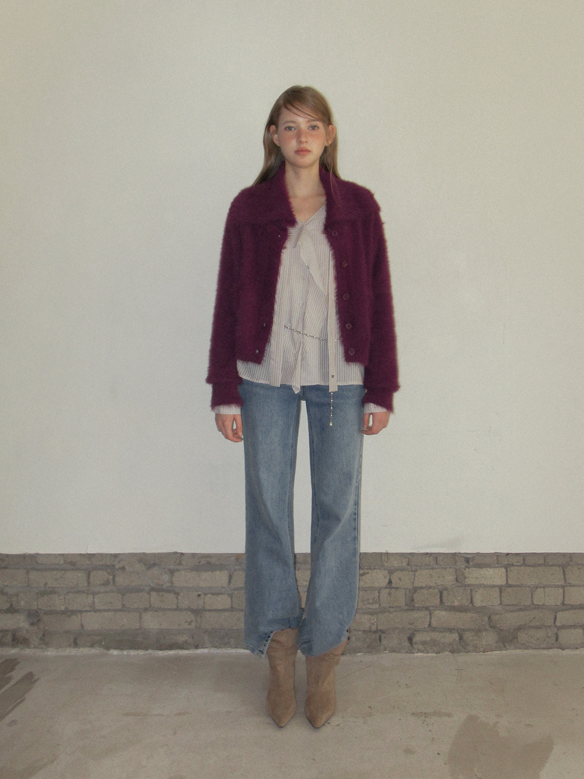 TWEE Sophie brushed collar knit long sleeve cardigan - Model styling view